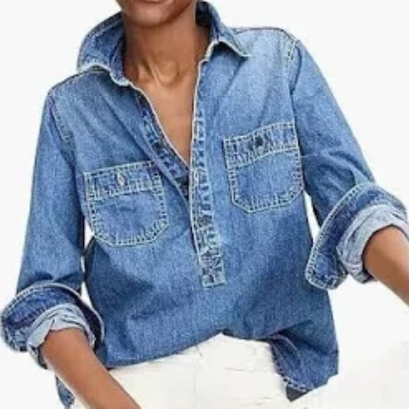 J. Crew Classic Chambray Popover Long Sleeve 1/2 Button Collared Jean Shirt Top - Picture 4 of 7
